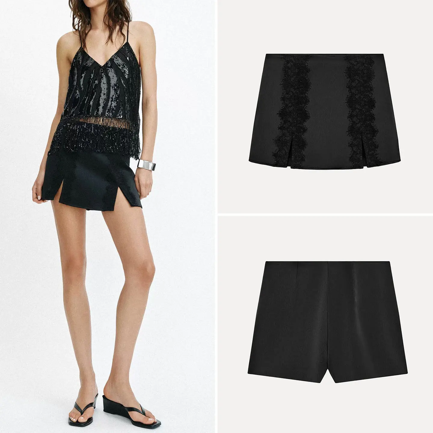 

Black Lace Slit Pants Women's Fashionable Versatile Summer Wear Straight Leg Elastic Waist Slim Fit Short Pants Zadata Brand