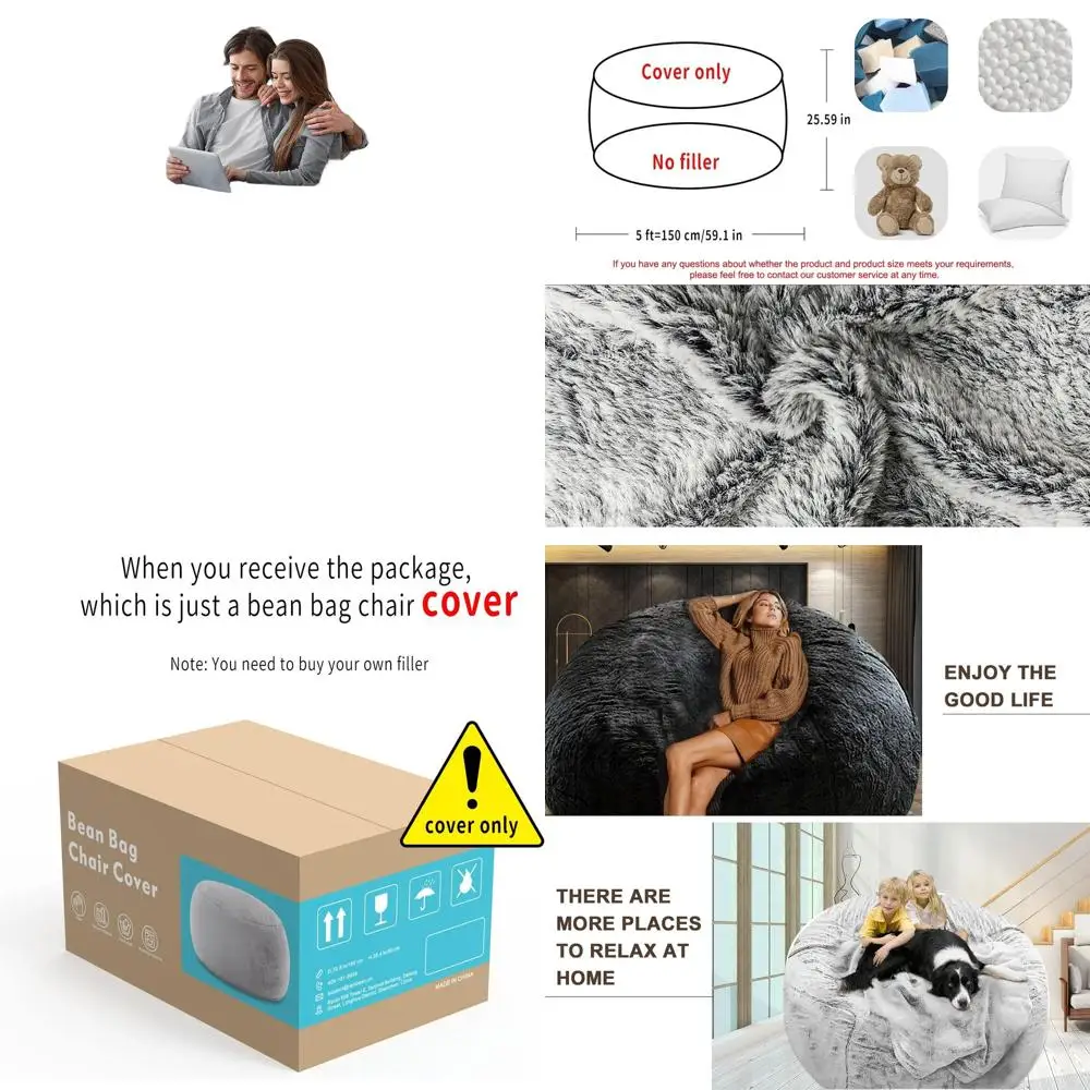 

Large Round Plush Velvet Bean Bag Chair Cover, Washable, 5ft Snow Grey, Suitable for Living Room, Bedroom, Outdoor Use