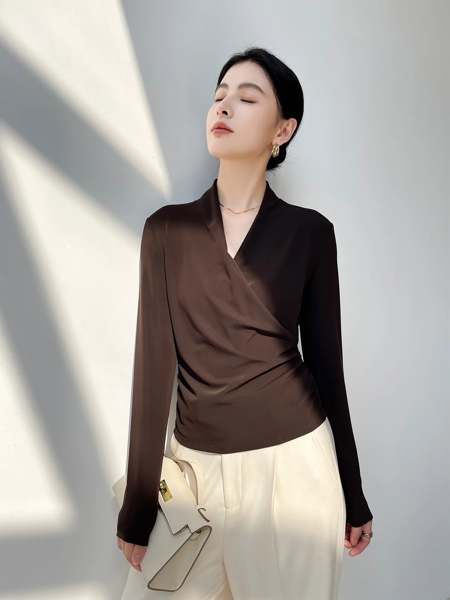 

Ele V-ne Base Layer T-irt Women's Slimming Knitted irt Long Sve Acetate Fiber Polyester Nylon Blend Busin Wear