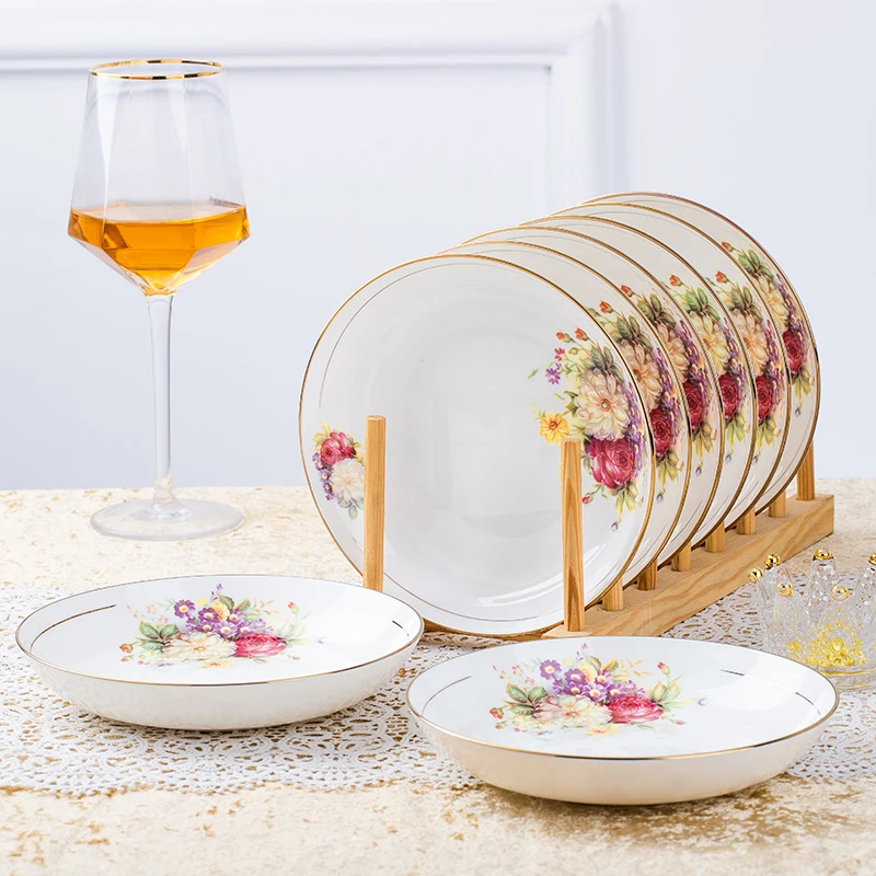 

Authentic Jingdezhen Ceramic Deep Dish 78 Inch round Plate Set European Style Gold Rimmed Bone China Dinnerware Set for Home Use