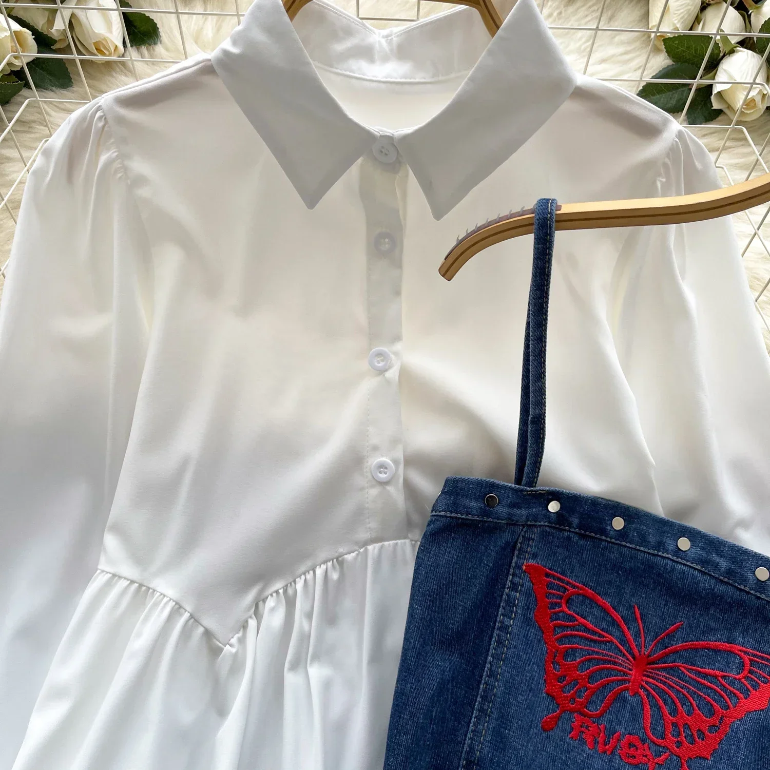 Chic Two-piece Sets Sweet Puff Sleeve Basics Shirt Slim Butterfly Embroidered Vest High Street Women Spring Autumn Clothing