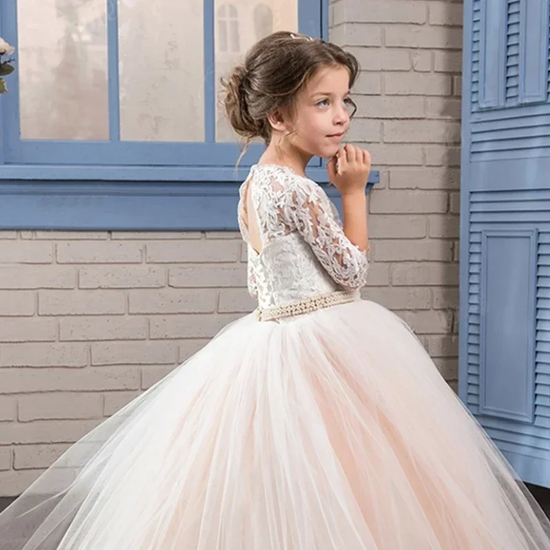 Тюлевые платья цвета шампанского для девочек-цветочниц, белые аппликации, пояс с бриллиантами и жемчугом, половина рукава для свадьбы, дня рождения, платья для первого причастия