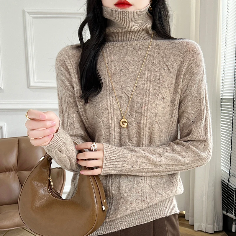 Dolcevita da donna 100% pura lana maglione lavorato a maglia autunno risvolto addensare pullover moda allentato intrecciato top camicia base a pois colorati