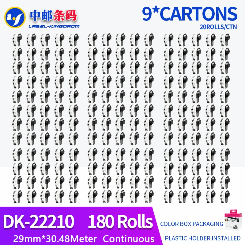 

180 Rolls Generic DK-22210 Label 29mm*30.48M Continuous Compatible for Brother Printer QL-570/700 All Include Plastic Holder