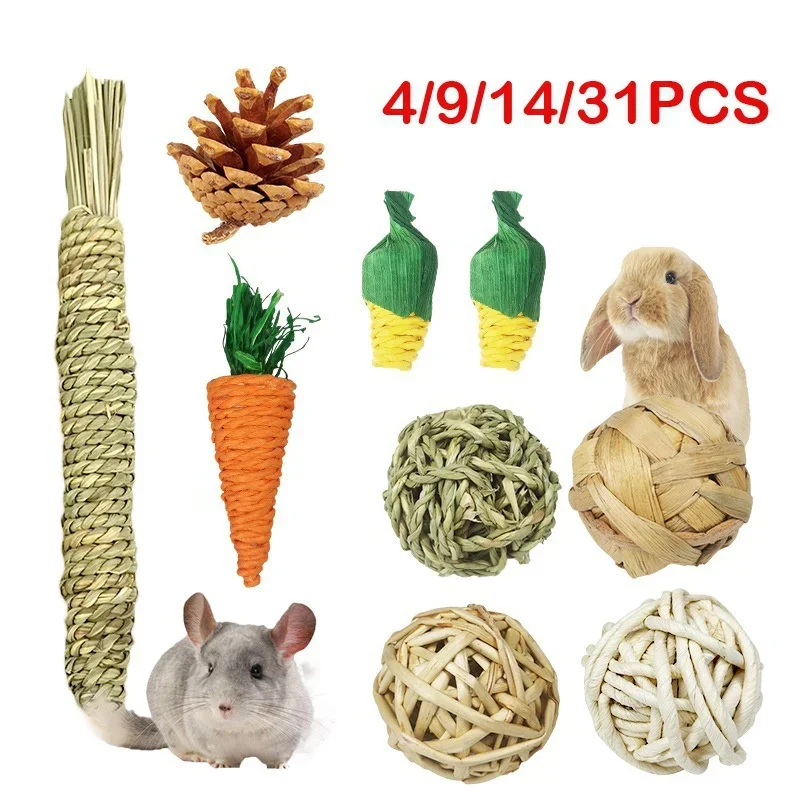 4/9/14/31PCS Rabbit Chewing Toys Molar Toys Natural Hay Sticks Hamster Teeth Training Kit Chinchilla Rat Gerbil Bunny Toys