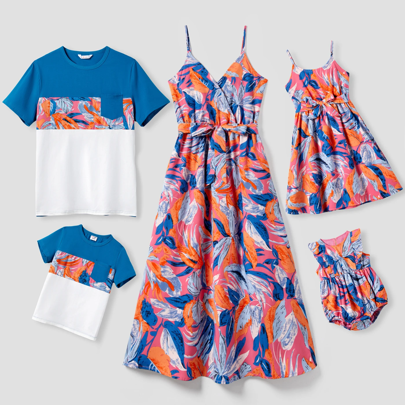 

PatPat Family Matching Colorblock T-shirt and Floral Wrap Top Strap Dress Sets