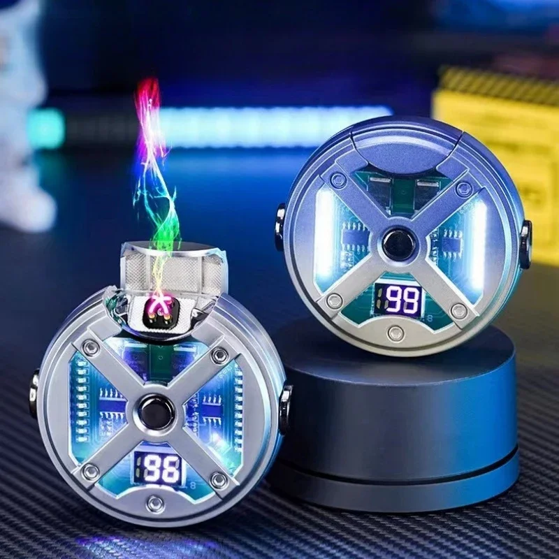 Creative Metal Gyroscope Windproof Double Arc USB Lighter LED Color Light Digital Battery Display Type-C Charging Lighter Plasma