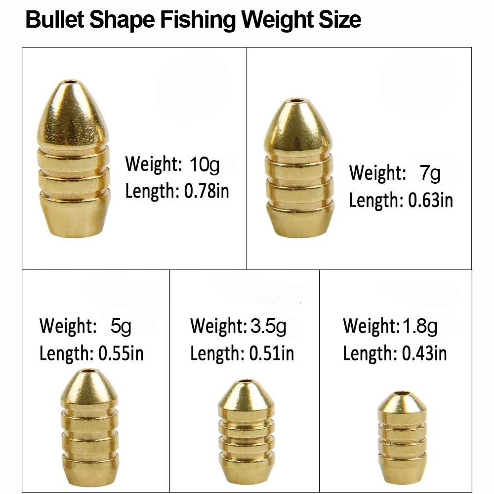 10Pcs Brass Fishing Weight Copper Bullet Sinker for Texas Carolina Rig Fishing Tackle Bass Trout lure Fishing Accessories