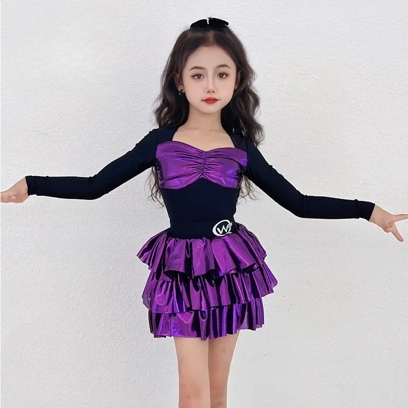 ชุดเต้นรำละตินสำหรับเด็กผู้หญิง ชุดฝึกซ้อมเด็กคุณภาพสูง รุ่นใหม่ สำหรับฤดูใบไม้ร่วงและฤดูหนาว กระโปรงแสดงสีม่วง