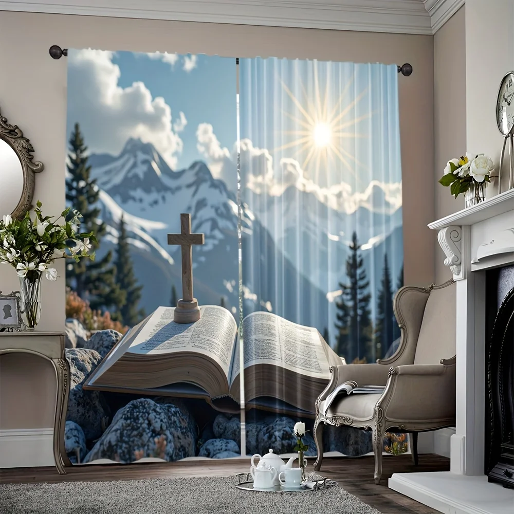 Christian Bible Curtain Mountain Cross & Sun Ray Print Drapes Religious Home Decor Living Room Bedroom Blackout Window Treatment
