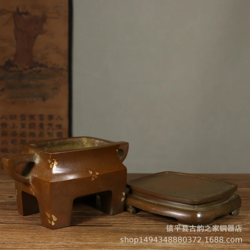 Pure Gold-Plated Plate Ear Pressure Sutra Furnace Brass Four-Legged Incense Burner Ornament Copper Tripod Office Living R