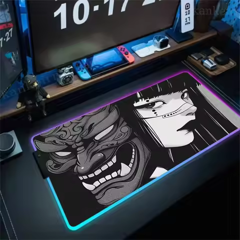 Japan Oni Girl Mouse Pad Samurai Devil Mask Gaming RGB LED Table Mat Mousepad Anime Japanese Deskpad Locking Edge Keyboard pad