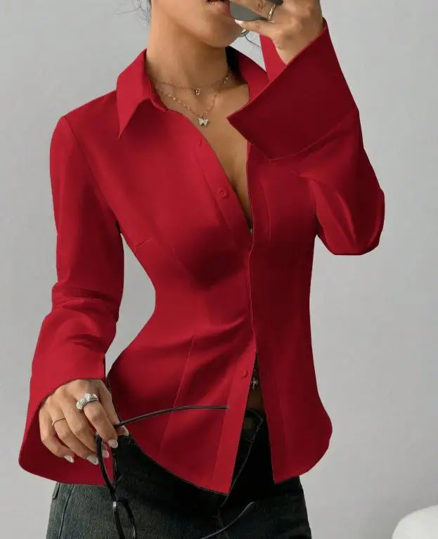 

Women's Shirt Spring Classic Fashion British Style Solid Simple Collar Button Front Waist Drawback Trumpet Sleeve Work Shirt