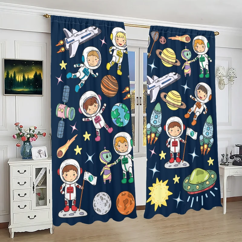 2Pcs- Cartoon Astronaut - Printed curtains, polyester fabric, bedroom curtains, living room decor, home decor