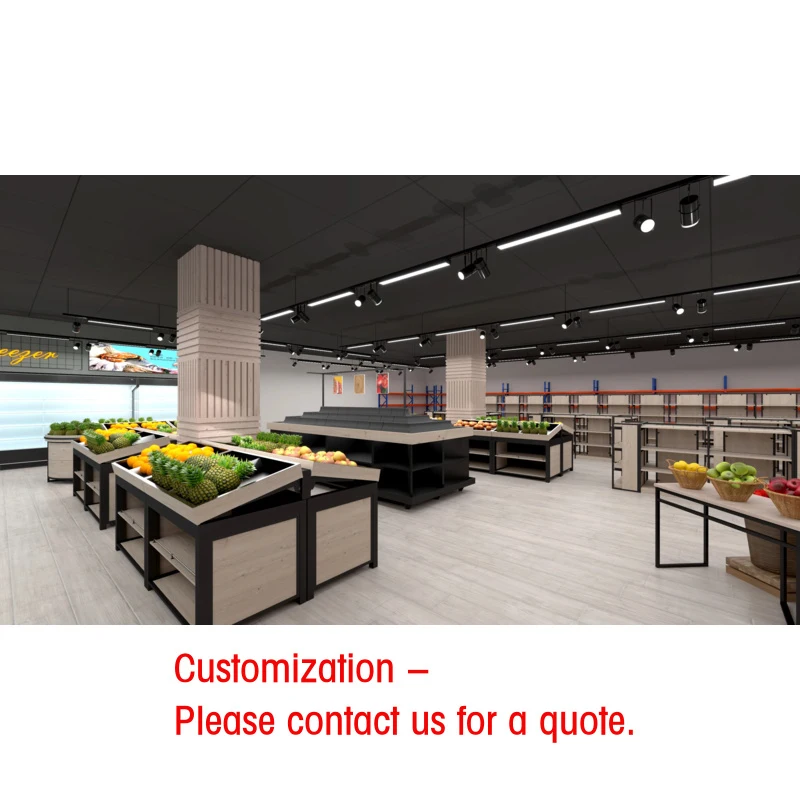 custom.Double-Sided Wooden Fruit Vegetable Display Shelf Commercial Heavy Duty Supermarket Shelf Stand Rack