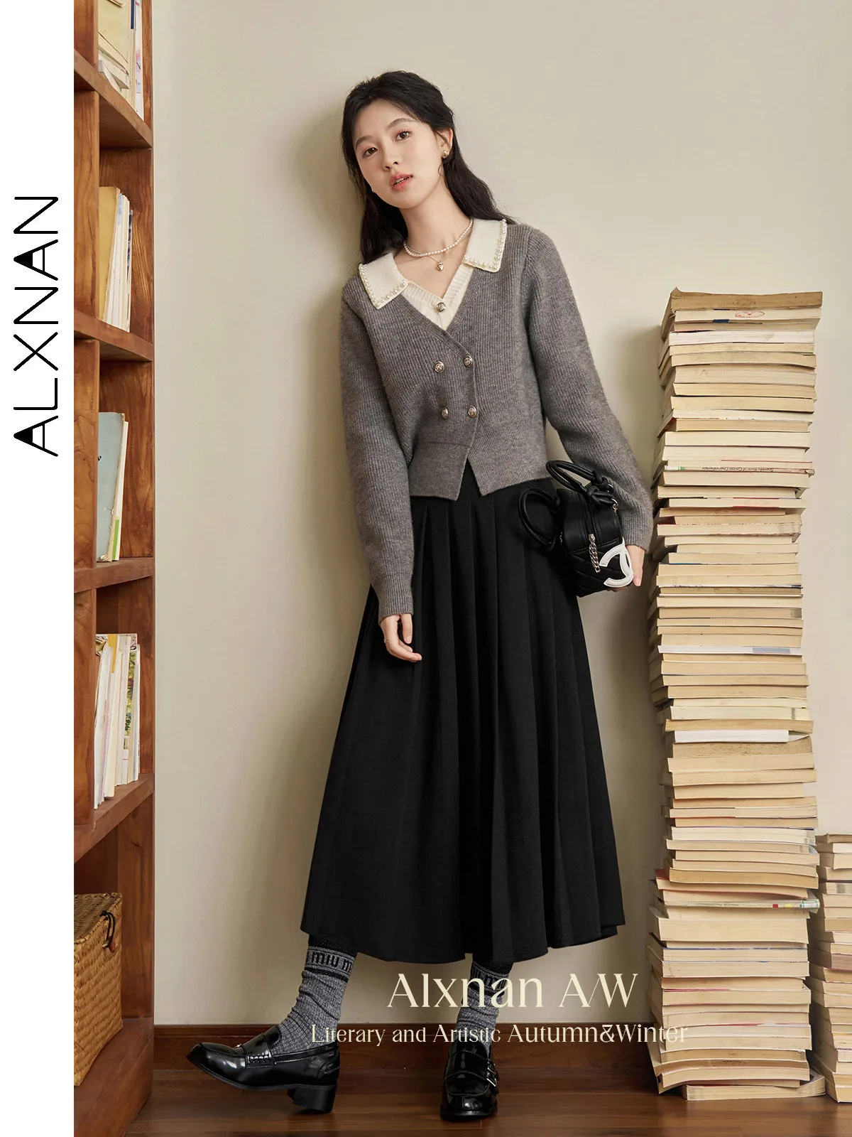 ALXNAN 플러스 사이즈 여성용 그레이 카디건 브이넥 가짜 투피스 니트 스웨터 우아한 비즈 칼라 금속 단추 스웨터 D07118