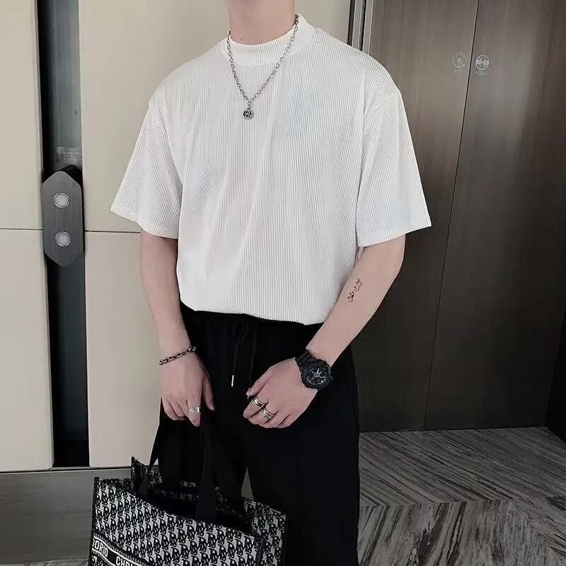 Men's Solid Color Crew Neck Short Sleeve Ribbed Texture Comfortable Breathable Versatile Trendy Slim Fit Daily Commute Wear Top