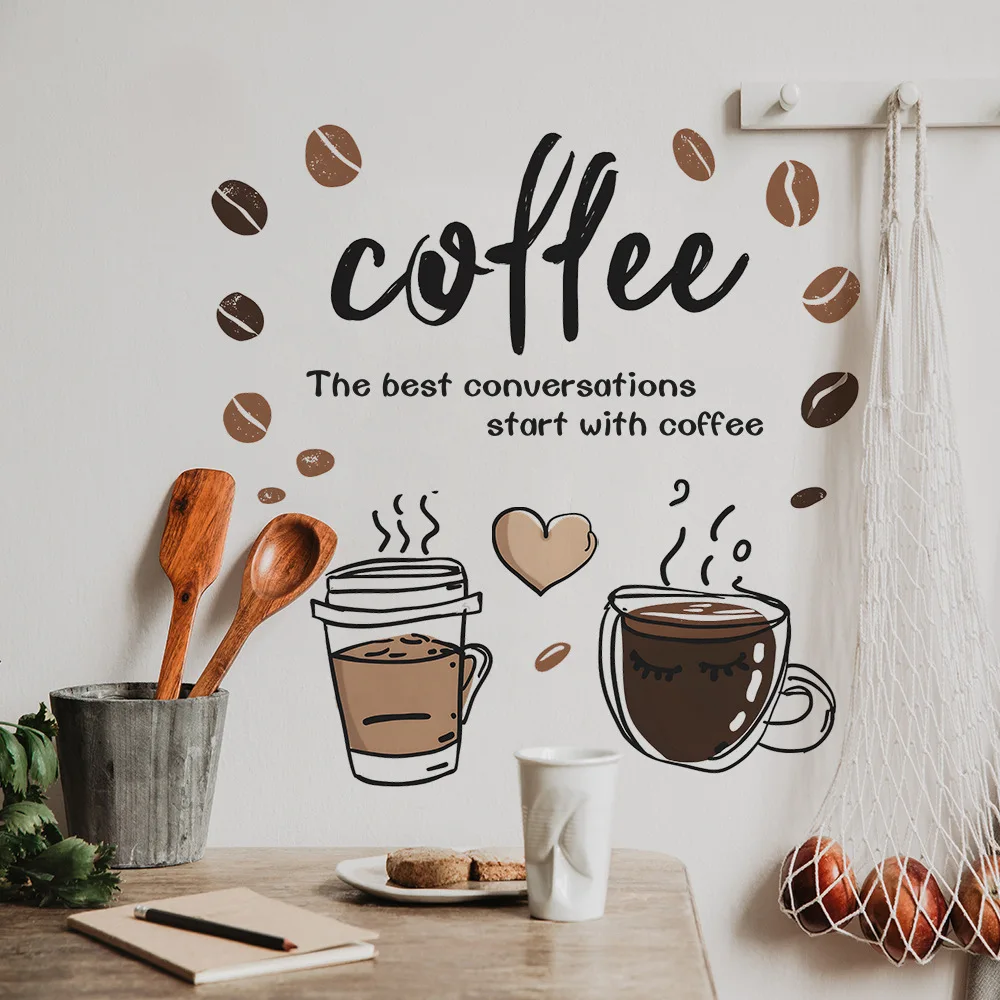 Kreative Wandaufkleber Kaffeetasse Muster Café Wohnzimmer Dekor Schrank Kunst Englisch Home Dekoration Selbstklebende Tapete