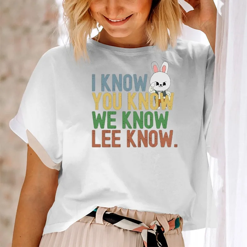 

2025 Summer I Know You Know We Know Lee Know Stray Fun Printed Summer Women's Loose Fashion Cotton T-shirt Couple Large T-shirt