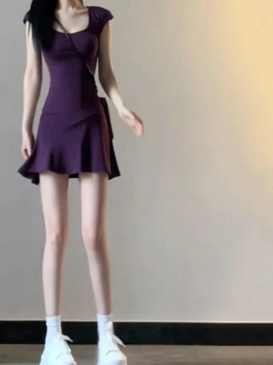 Elegant French Urban Purple U-Neck Dress - alternate angle