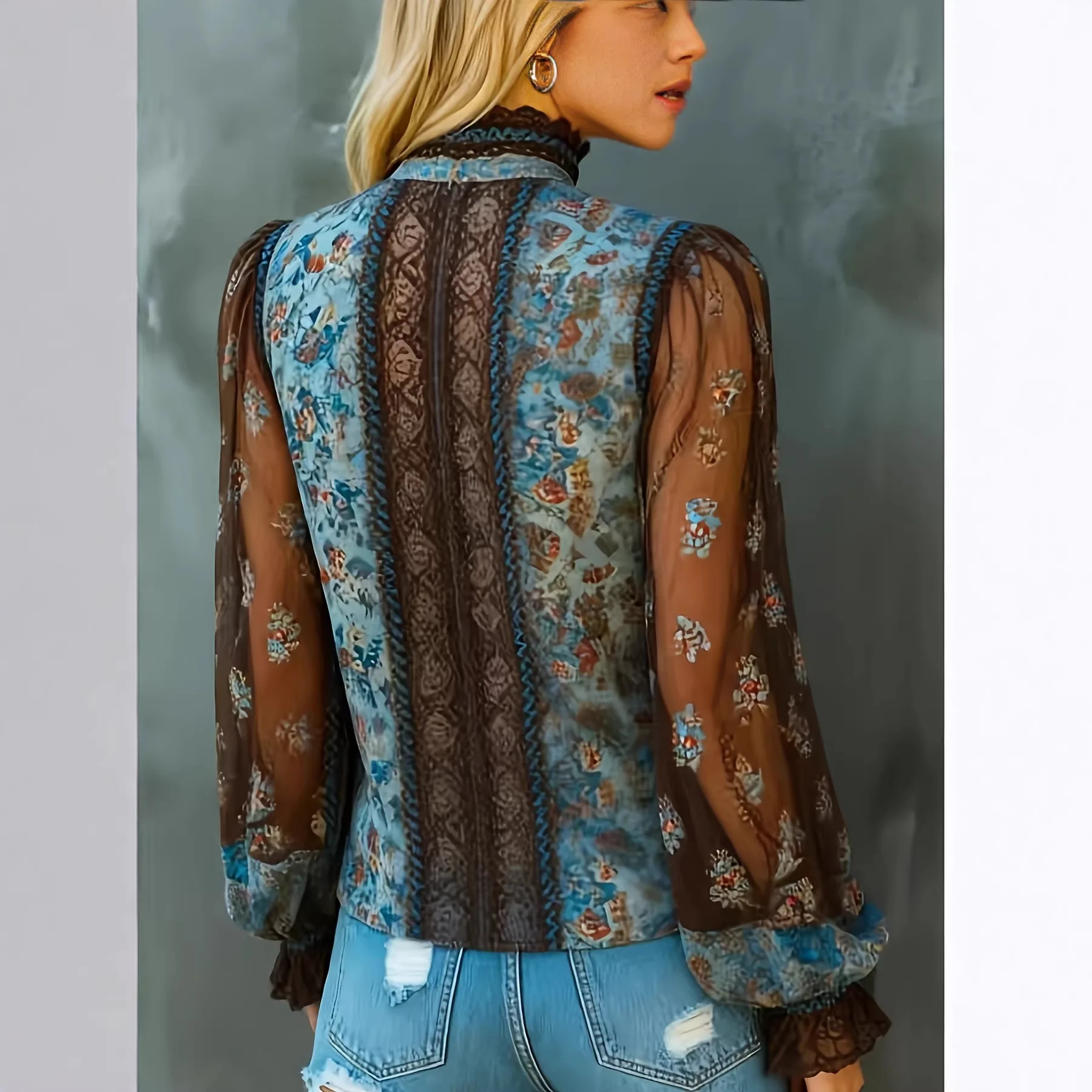 Blusa Bohemia Floral Encaje Malla Manga Larga Mujer - alternate angle