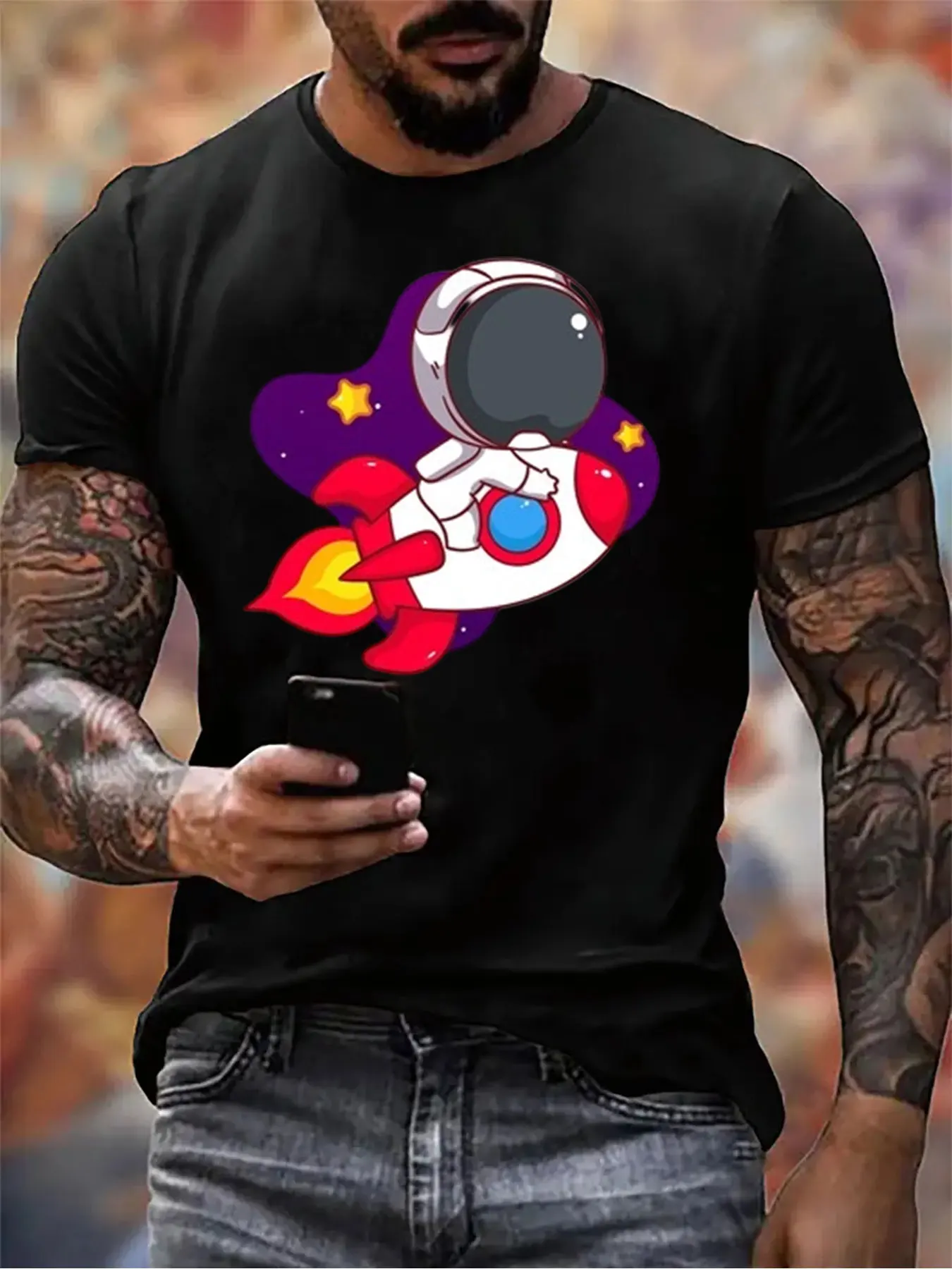 

Men's Cotton Astronaut Rocket Print Tee For Christmas Gift, Soft Crew Neck Shirt For Outdoor Activities, Top For Him