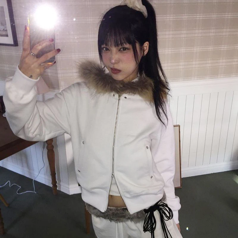 Y2K Patchwork Faux Pelz Mäntel Frauen Vintage Solide Zipper Langarm Hoodies Jacken Herbst Streetwear Harajuku Sweatshirt Tops