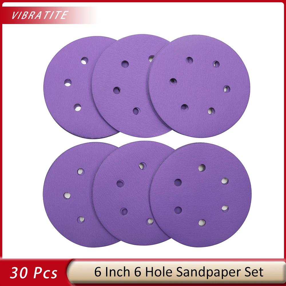 

6 Inch 6 Hole 30 PCS Sanding Disc Wet/Dry Hook&Loop 240 Grit Sandpaper Sanders Accessories for Car Woodworking Polishing