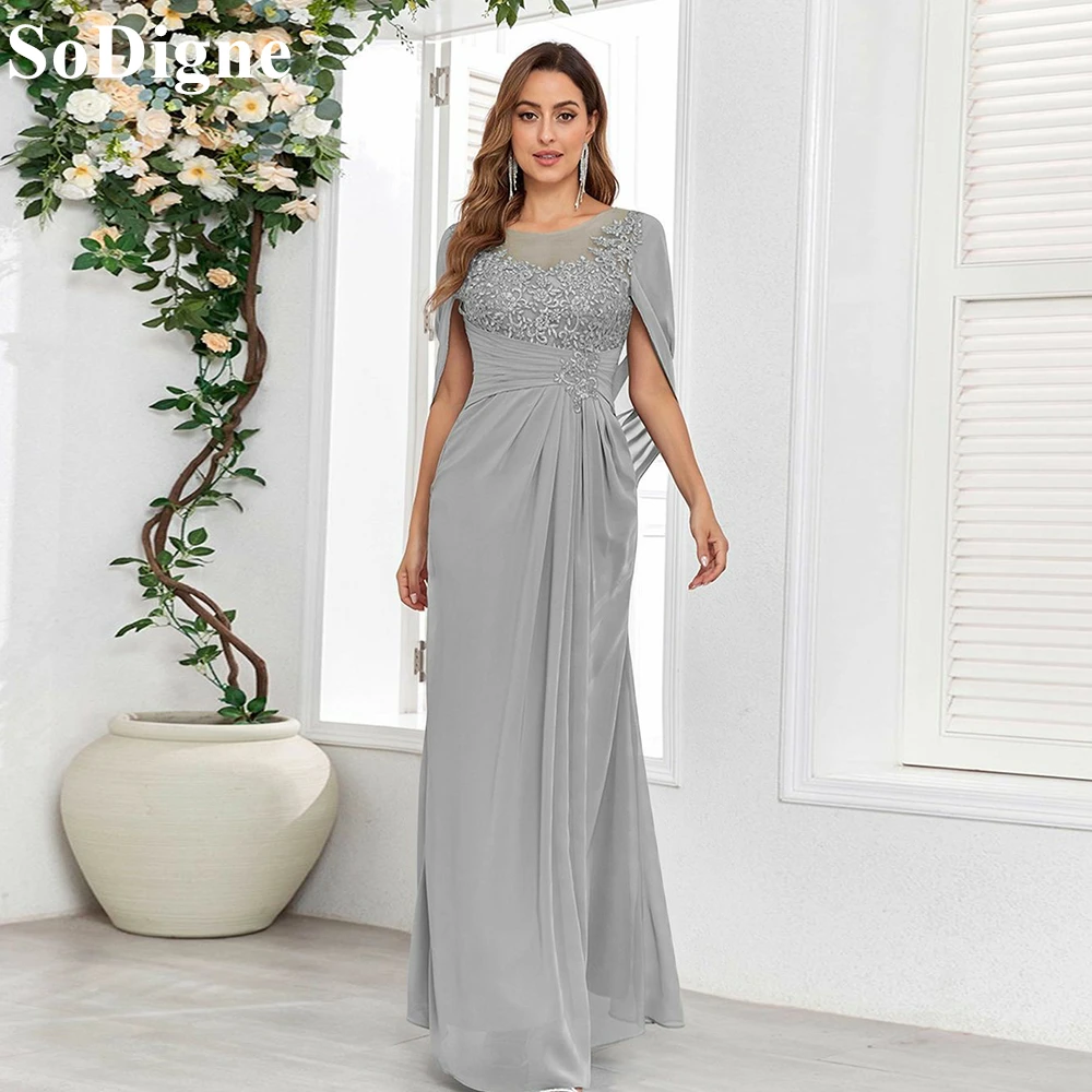 

SoDigne Gray Chiffon Evening Dresses O-Neck Cape Lace Appliques Draped Pleated Party Dress 2024 Formal Prom Gowns for Women