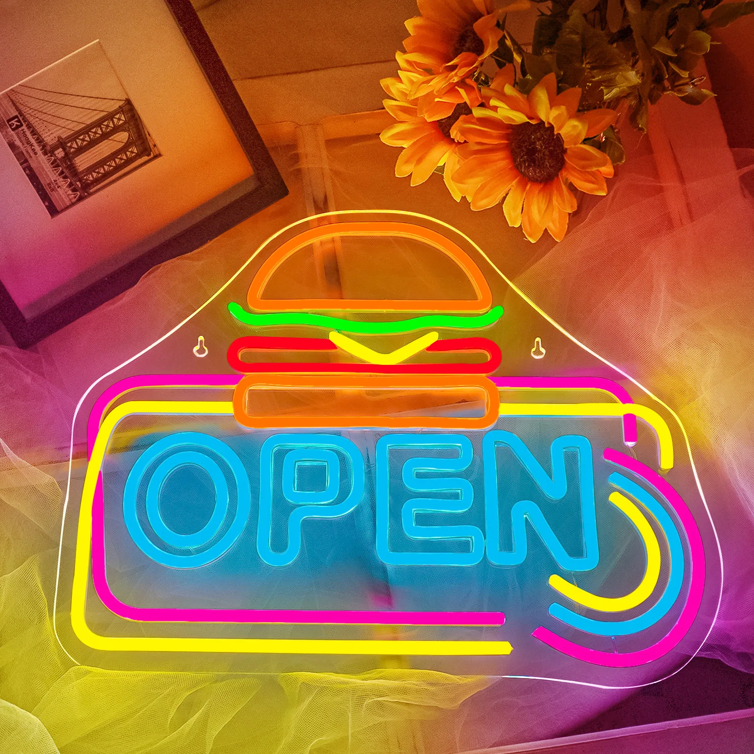 Hamburger Open Neon Sign Led Light Up Sign Burger Shop Opening Decor For Fast Food Business Led Sign Room Restaurant Decor