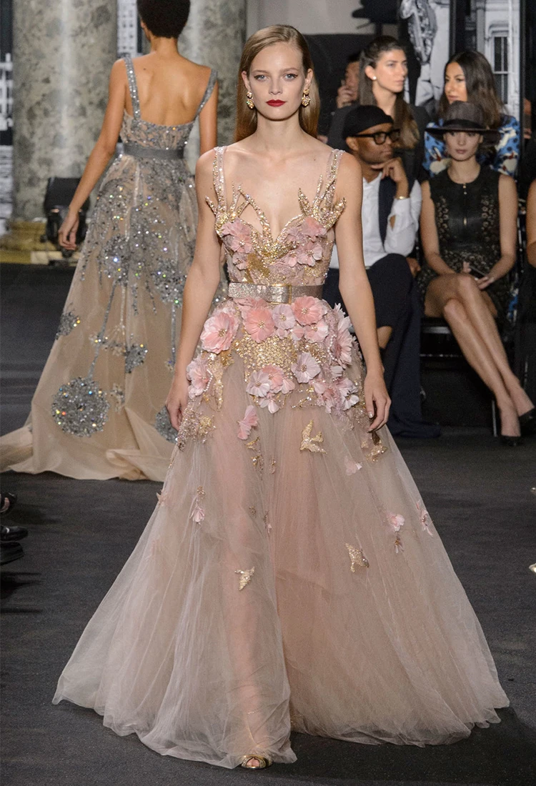 Elie Saab Pink Feather Champagne Dress Gold Sequins A-line  فساتين السهرة vestidos de fiesta  فساتين سهره evening dresses