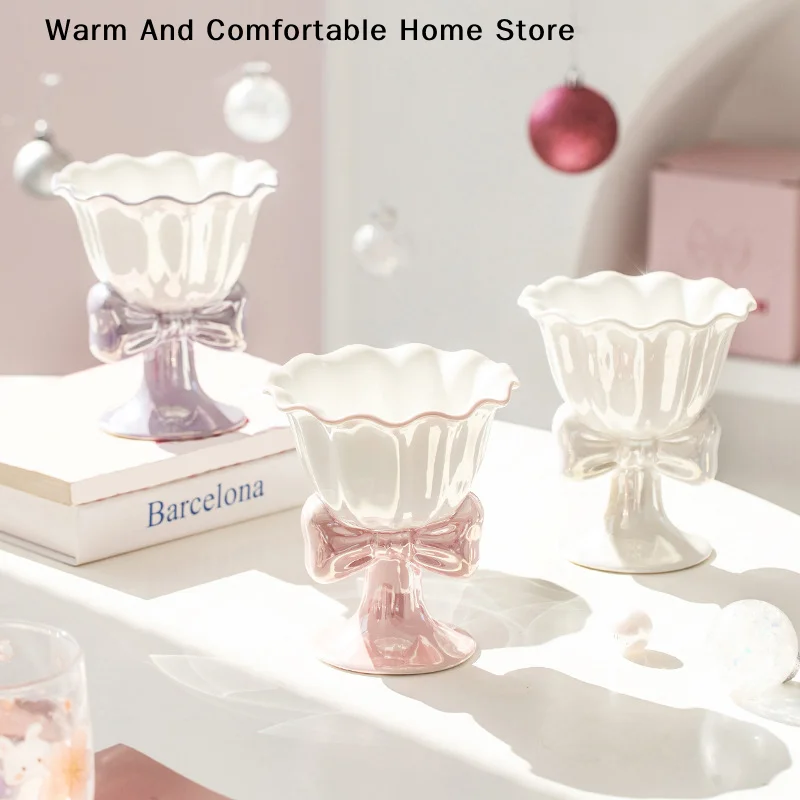 180ml Bowknot Ceramic Ice Cream Cup Exquisite Dessert Cup Milk Mug Drinkware Photo Props Birthday Gift Girls Gift Party Favors
