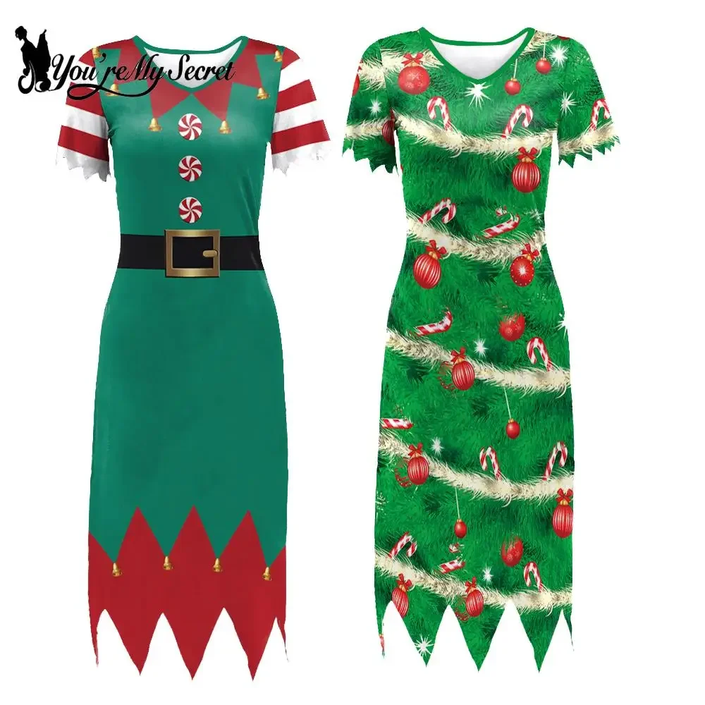 

[You're My Secret] Christmas Elf Cosplay Costume Sally Dress for Women Patchwork Xmas Tree 3D Print Fancy Dress Up Party Dresses