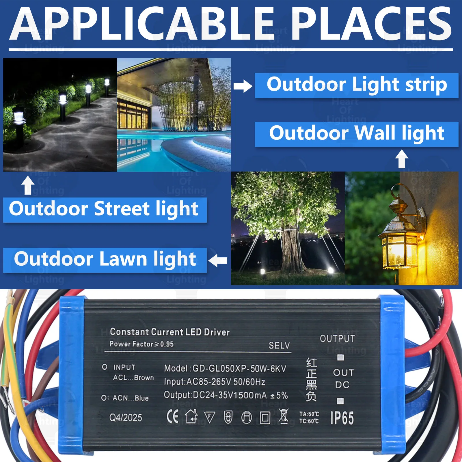 แหล่งจ่ายไฟแบบสวิตชิ่งกันน้ำสำหรับภายนอกอาคาร IP65 หม้อแปลงไฟสำหรับไฟส่องสว่าง AC110V~220V เป็น DC 24V-35V ไดรเวอร์ LED 50W 1500mA อะแดปเตอร์ DIY