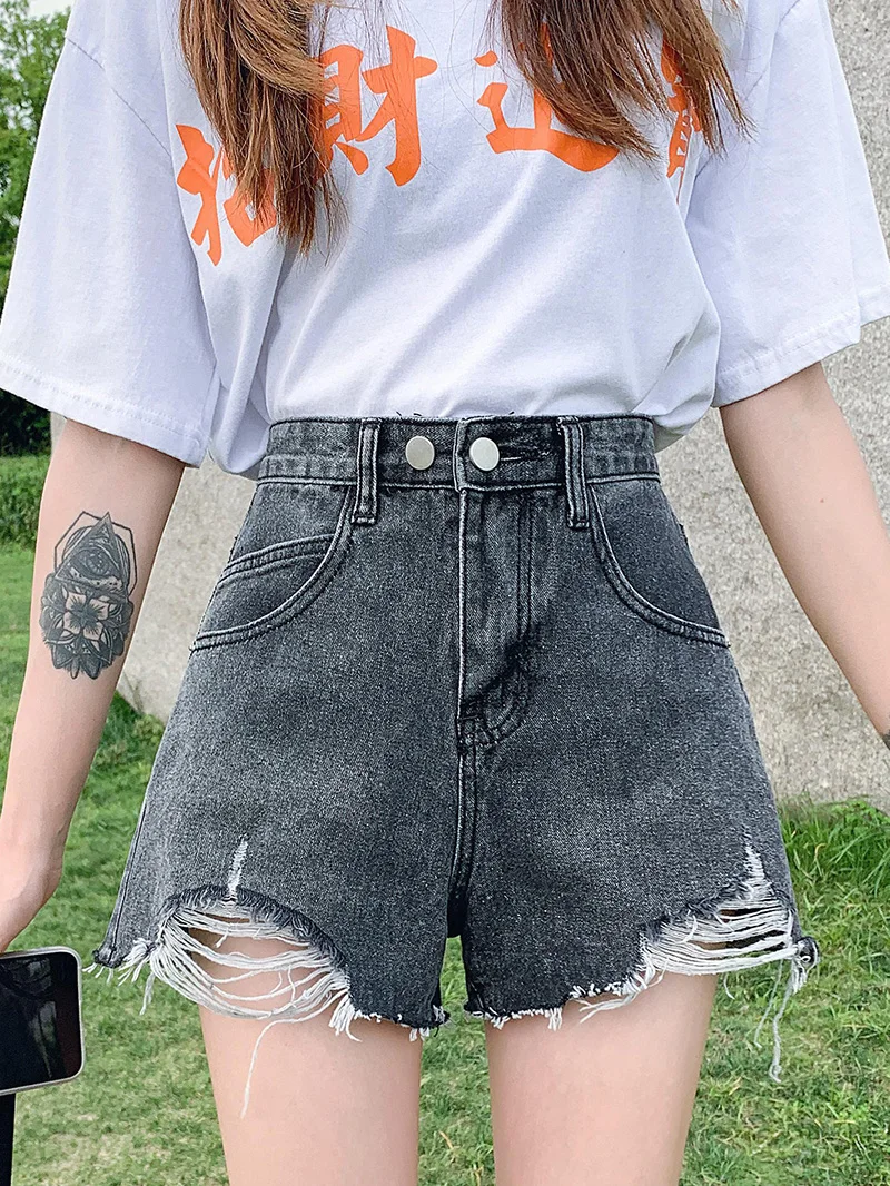 

Джинсовые шорты с высокой талией для женщин, летние, новые, модные, больших размеров, для полных женщин, свободные, широкие штанины, А-силуэт, хлопок/полиэстер