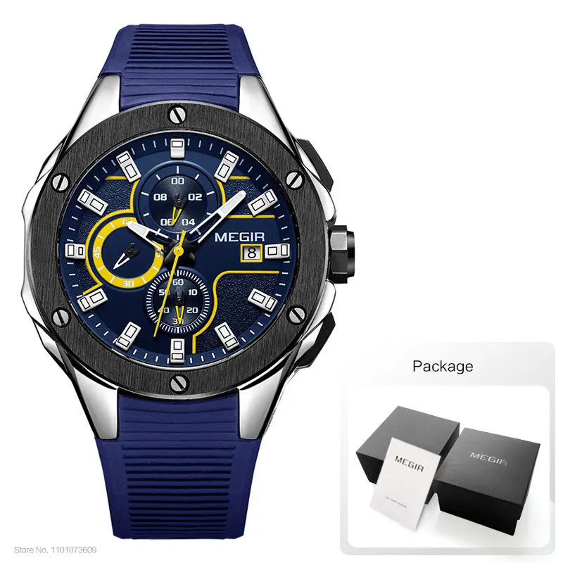 MEGIR Men's Sports Quartz Watches Fashion Silicone Strap Chronograph Wristwatch for Man Luminous Hands Waterproof 2053GBK