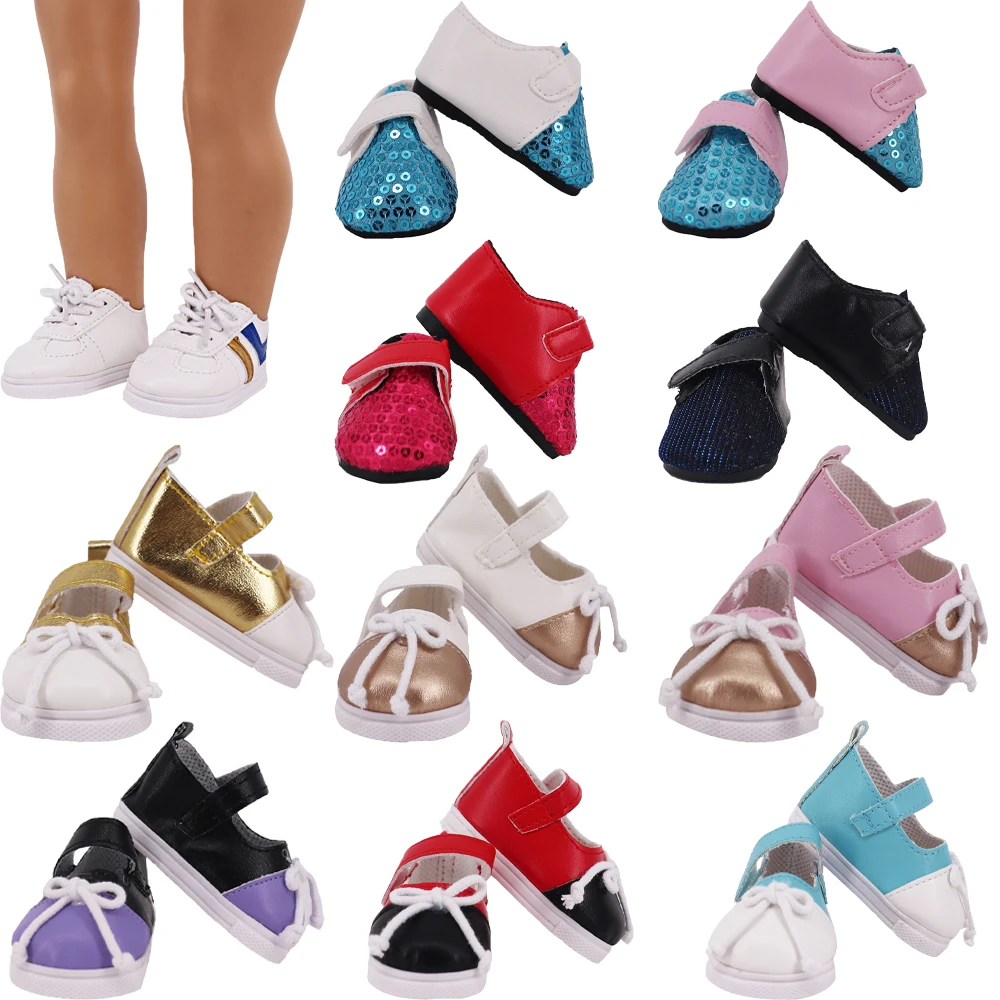 Doll Shoes For 18Inch American Baby Girl Toys Plimsolls Leather Sequins,43CM Reborn Baby Doll Sneakers,Doll Accessories Toy Gift