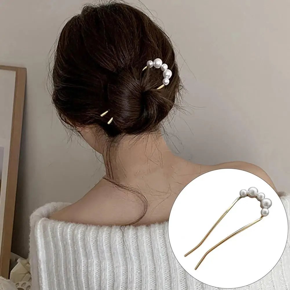 Hair Pin U-shaped Hair Fork Elegant Faux Pearl Hair Fork for Women Anti-slip Metal U-shaped Pin Stick for Long Thick for Girls