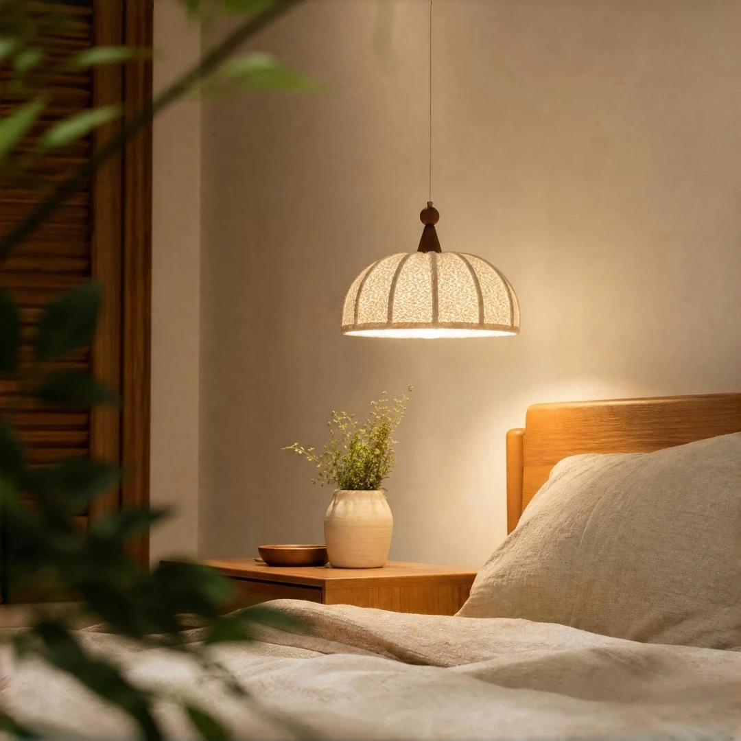 Japanese Retro Woven Hemisphere Pendant Light, Cotton Linen Lampshade Adjustable Hanging Lighting for Home Decor