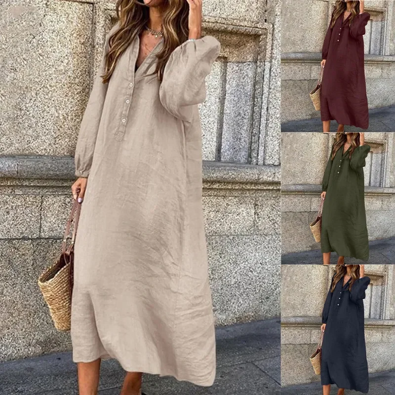 Women Vintage Oversized Streetwear Cotton Linen Shirt Dresses for Women 2023 Spring Autumn Trendy V Neck Long Sleeve Maxi Dress