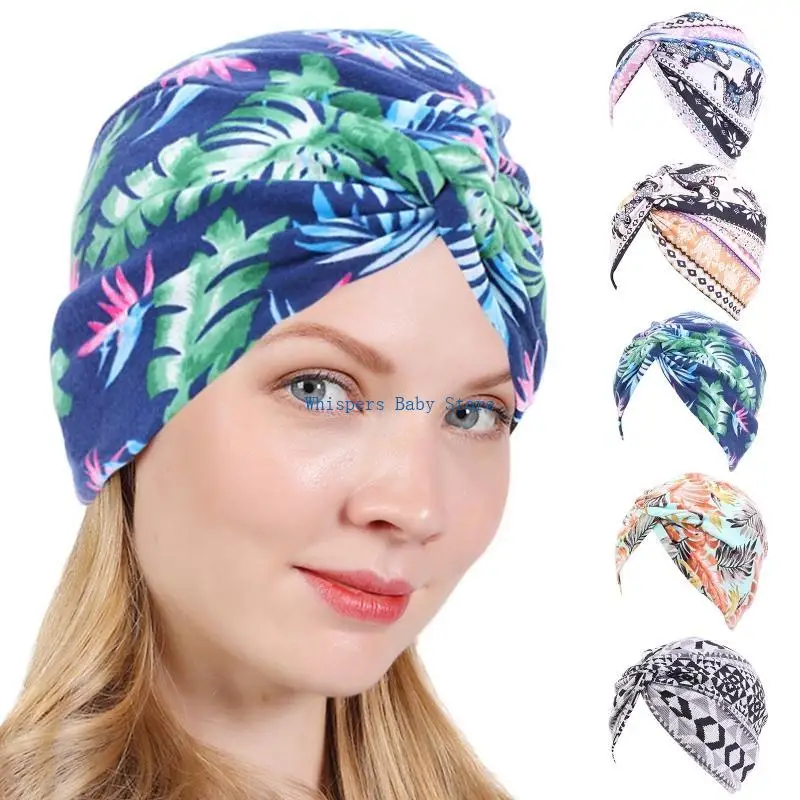U90E Donne Boho Turbante Pieghettato Cappello Etnico Elefante A Righe per Avvolgere Testa per Croce Torsione Nodo Elastico