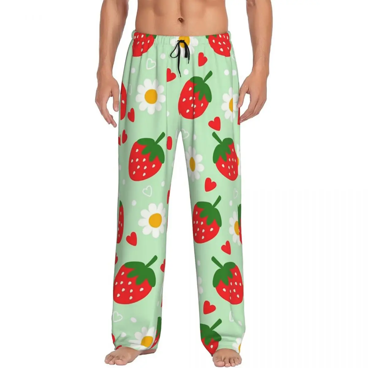 Custom Strawberry And Daisy Cartoon Pattern Pajama Pants Men Sleepwear Sleep Lounge Bottoms with Pockets