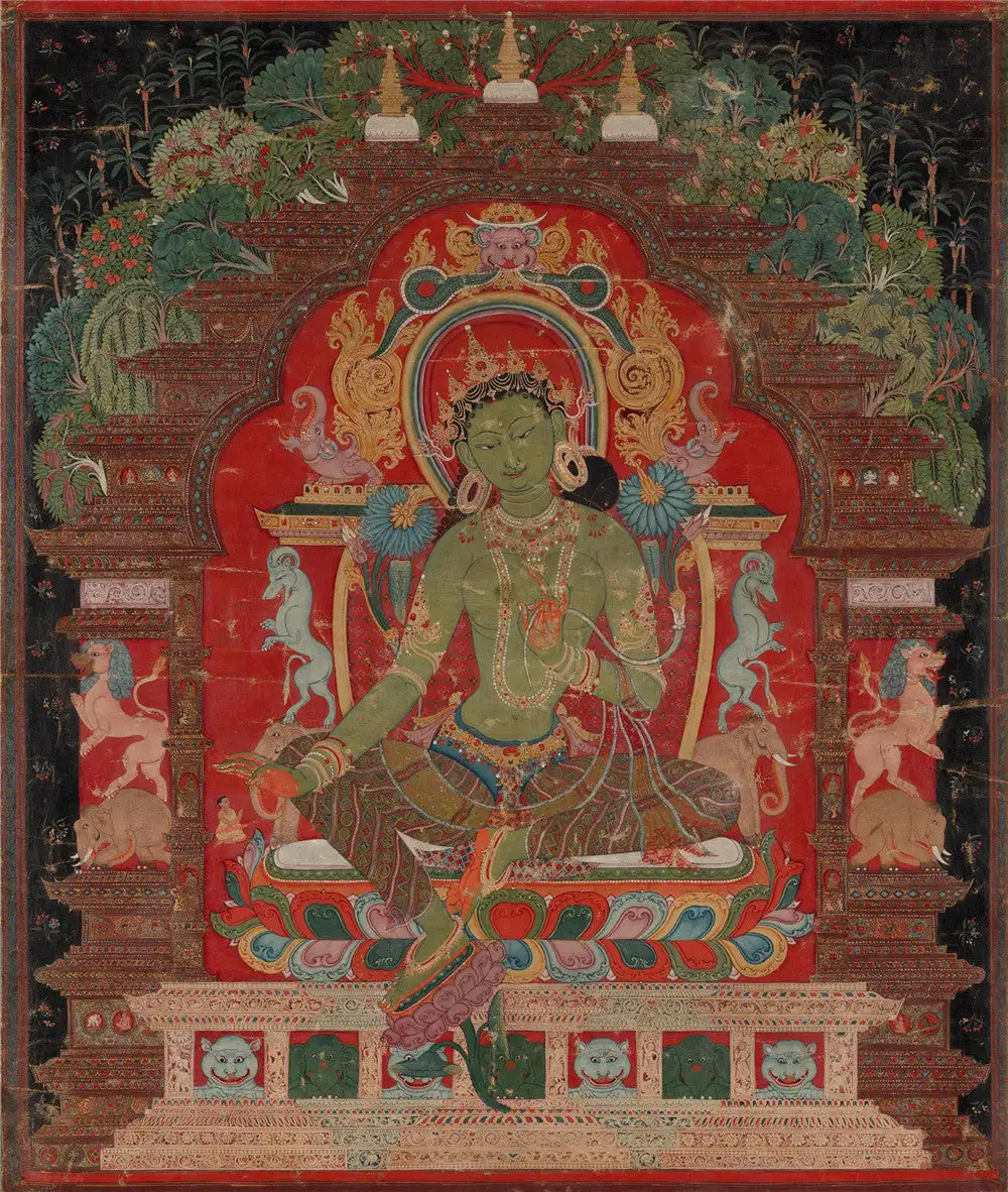 

Green Tara Thangka (13th Century Old Version) ,Gandhanra Tibetan Buddhist Thangka Art,Giclee Printed and Hand Framed,47" × 32"