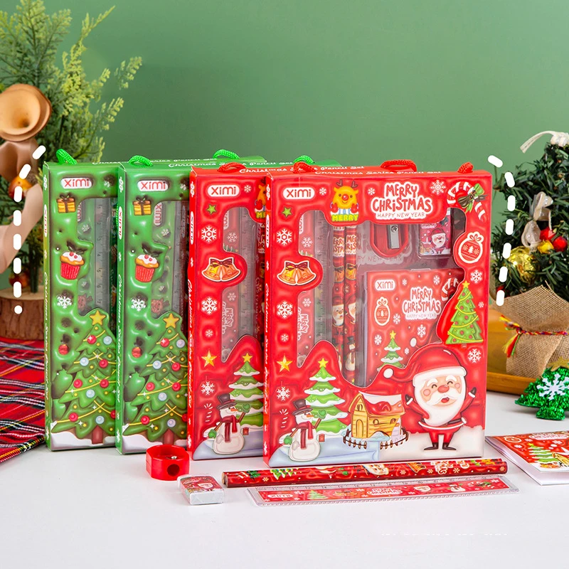 6pcs/set Christmas Gifts For Kids Stationery Set Party Favor Pencil Eraser Note Book Xmas School Goodie Bag Carnival Supplies