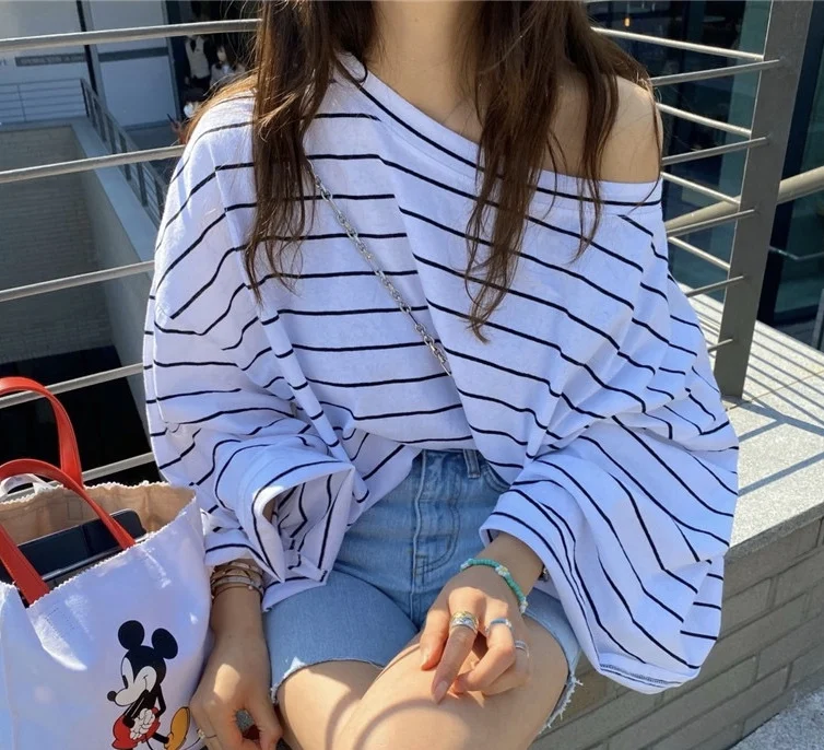 Loose Fit Striped T-Shirt Women's round Neck Shoulder Bared Bell Sleeve Diagonal Collar Sun Protection Fashionable Top