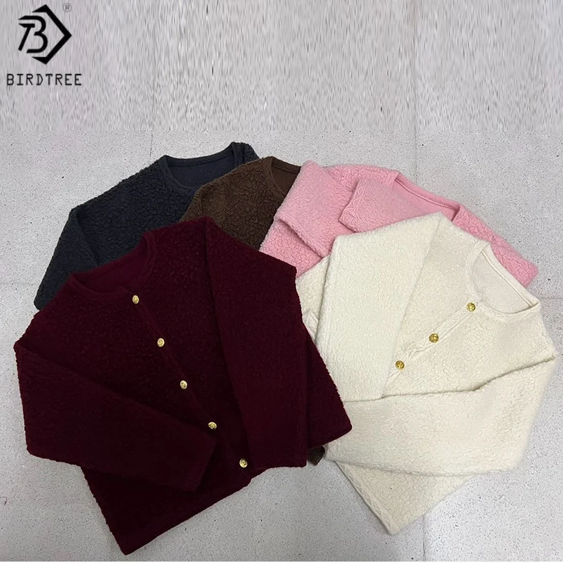 

Birdtree 100% Sheep Wool Solid Color Coat,Woman O-neck Autumn Full Sleeve Soft French Style Single Breast Knit Tops C58537JF