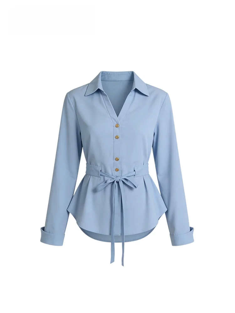 

plus Size Women's Ne Long Sve irt Belted Waist Spring New Sle Korean Sle Commute Faion Big Sister Clothes