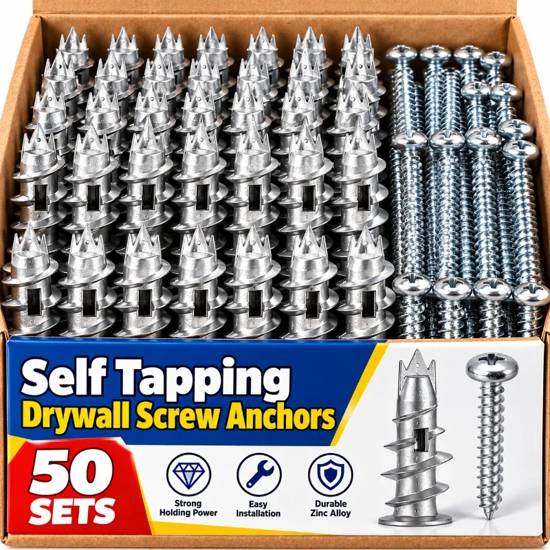 5/50 Sets Metal Hollow Wall Anchors with Screws Zinc Alloy Self Tapping Fixings for Drywall Plasterboard Plywood Installation