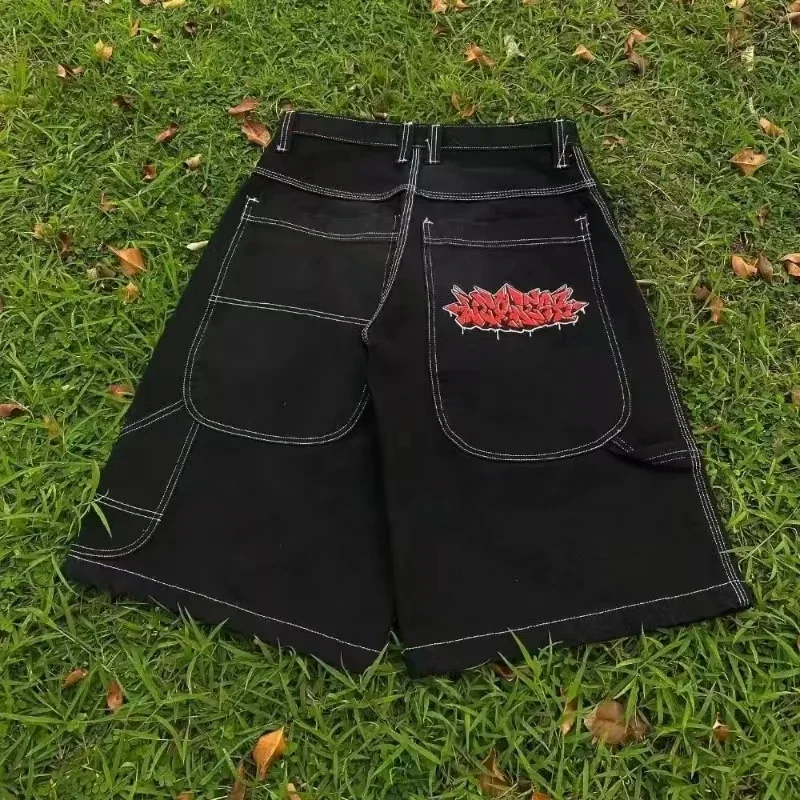 Jnco-pantalones cortos de mezclilla de hip hop para hombre, pantalones de monopatín de calle alta, patrón bordado, pantalones de pareja, pantalones