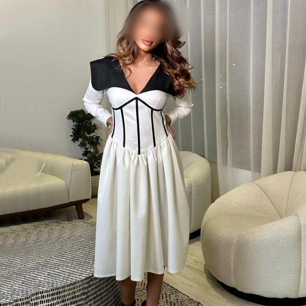 Flechazo Chic Short Evening Dress White and Black V-Neck Long Sleeve A-Line Tea-Length Draped Women Customized Colorful Gowns